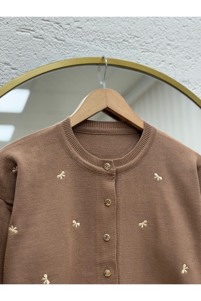 MİHRA STORE Karoria Bow Detail Metal Button Knitted Cardigan-SY3221 Milk Coffee