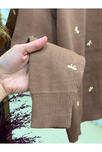 MİHRA STORE Karoria Bow Detail Metal Button Knitted Cardigan-SY3221 Milk Coffee