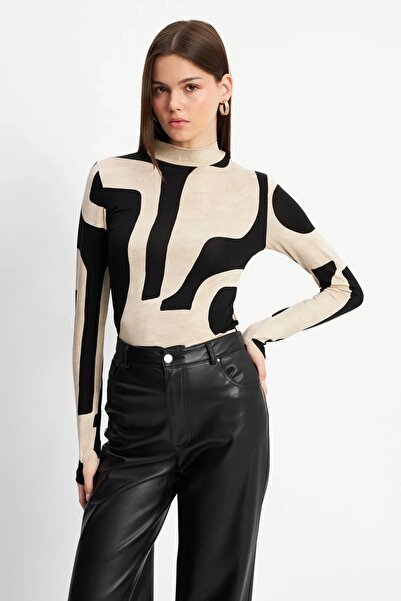 Yefrastore Women's Black Beige Mango Patterned Finger Detailed Bodysuit