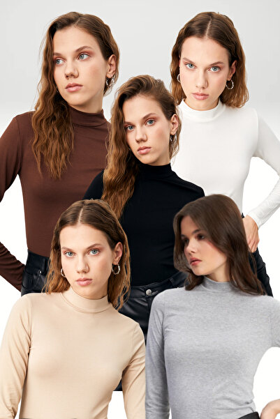 Bipantolon Women's Black Cream White Bitter Brown Light Gray 5-Piece Half Turtleneck Basic Bodysuit