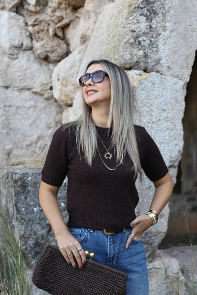 bytugcekaya Bitter Brown Standard Size Sequin Glitter Knit Sweater