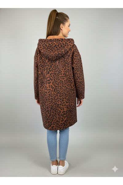 CELTMODA Women's Hooded Zippered Leopard Patterned Pocket Boucle Cardigan Coat - Orange
