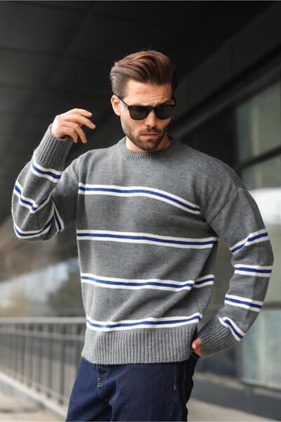 Madmext Anthracite Striped Knitwear Men's Sweater E7457
