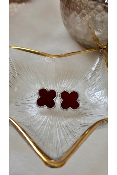 Glanz Zirkon Taş Bordo Yonca Küpe