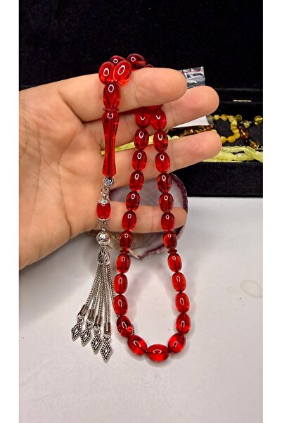 İskenderun Tesbihcilik Pheasant Imam Heavy Alpaca Tassel Glass-Like Fire Amber Prayer Beads