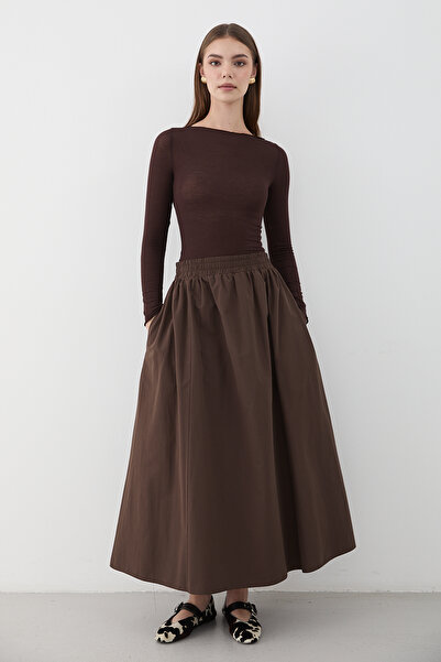 JASTE Women's Brown Gathered Waist Elastic Long Maxi Skirt