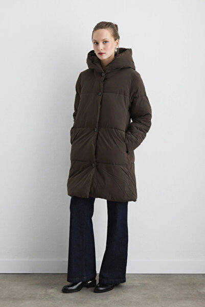 Gusto Hooded Long Puffer Jacket - Brown