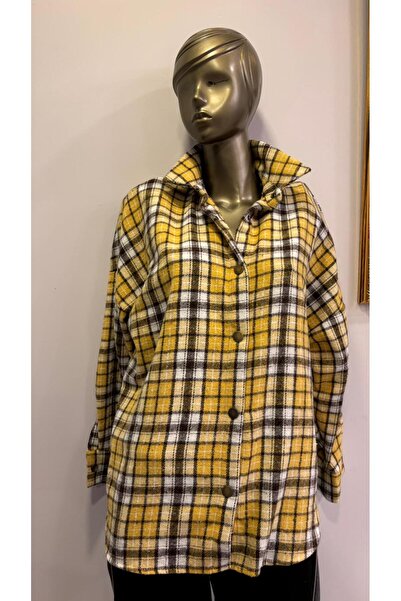 Butik Kadın Sarı Ekose Oduncu Gömlek Ceket – Kalın Kumaş, Oversize Rahat Kesim