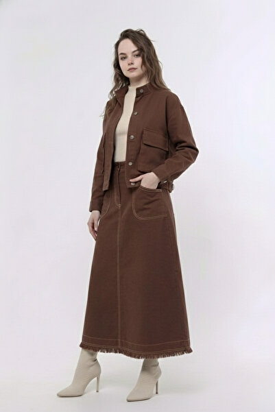 Atölye Güven Women's Brown Tasseled Gabardine Jacket Skirt Two-Piece Set