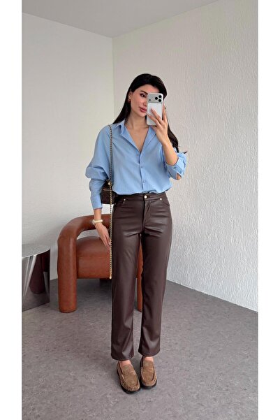 HAZELANNA Pipe Leg Brown Leather Trousers