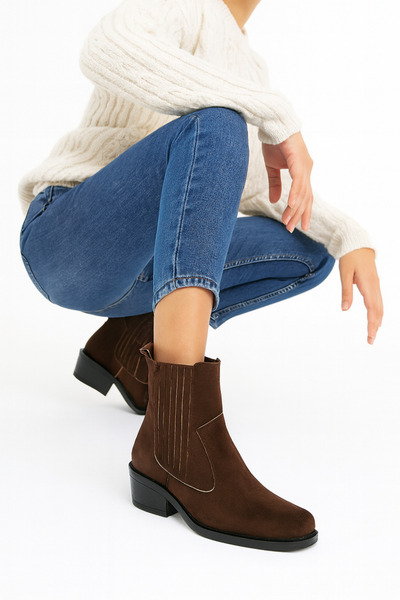 Elvessa Kadın Acı Kahve Süet Lastikli İçi Kürklü 3 Cm Topuklu Kaymaz Taban Bot