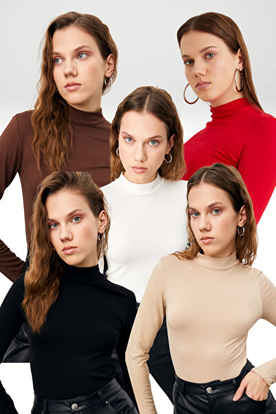 Bipantolon Women's Black Cream White Bitter Brown Red 5-Piece Half Turtleneck Basic Bodysuit