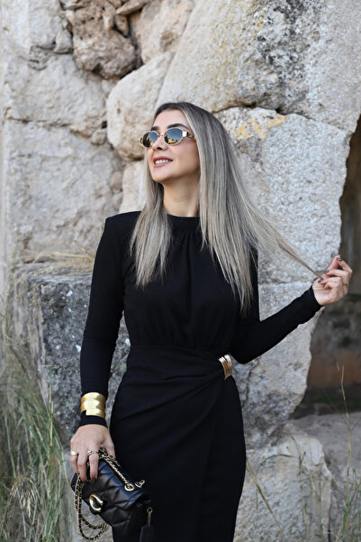 bytugcekaya Black Crew Neck Side Double Buckle Dress