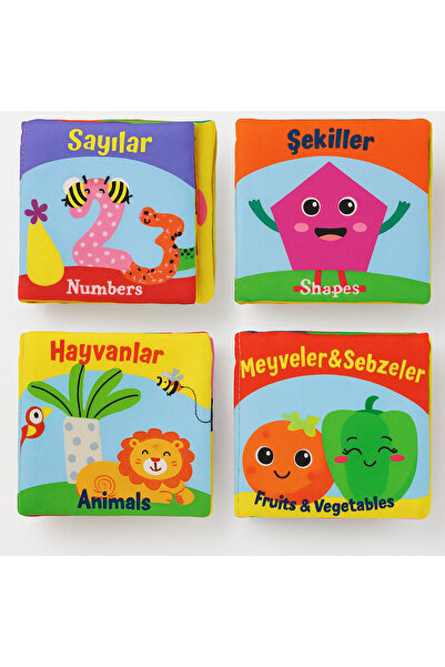 İDEXAL 4 lü eğitici Bebek Kumaş Kitabı Seti-Sayılar,Şekiller,Hayvanlar,Meyvel...