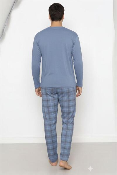 PEMBİŞ HOMEWEAR HALAT BASKILI AÇIK MAVİ UST EKOSE ALT Erkek Uzun Kol Pijama Takımı