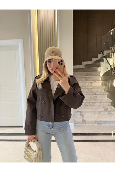 CKBUTİK Kahve Rengi Apoletli Kısa Trenç