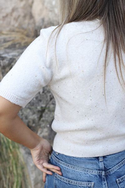bytugcekaya Ecru Standard Size Sequin Glitter Knit Sweater