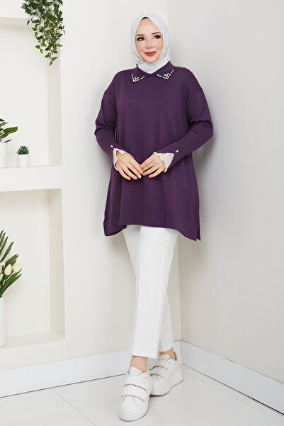 Pamuk Butik Women's Sleeve Mouth Lace Detailed Mercerized Knitwear Tunic