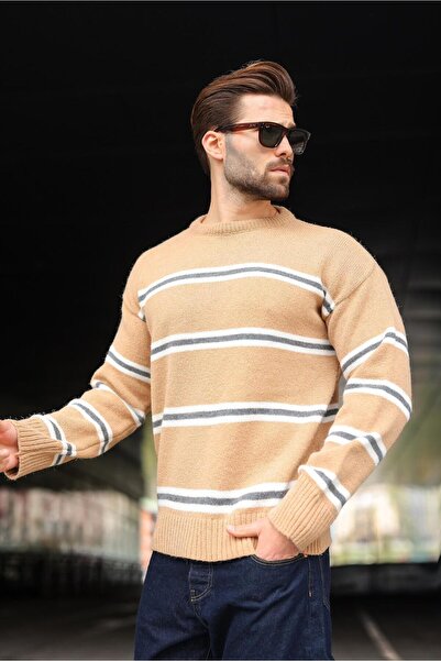 Madmext Ανδρικό πουλόβερ με ρίγες Camel E7457