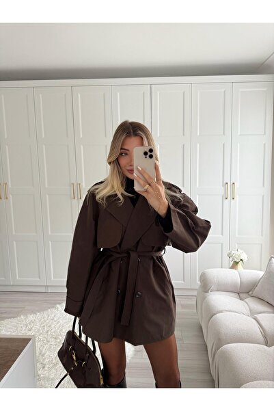 CKBUTİK Kahve Ara Boy Kruvaze Trençkot-7556
