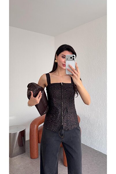 HAZELANNA Denim Leopard Blouse