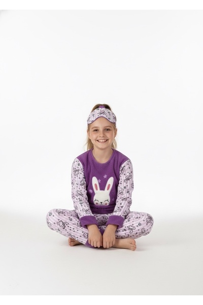 Beka Kids Girl's Patterned Soft Thick Winter Applique Embroidered Purple Fleece Pajama Set Warm Fabric