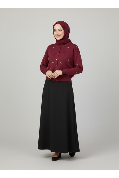 MİHRA STORE Karoria Bow Detail Metal Button Knitted Cardigan-Sy3221 Burgundy