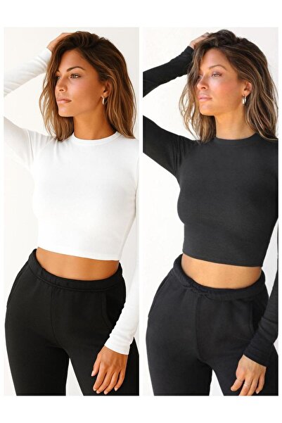 ÖZ PAMUK 2 Pcs Women's Black Corded Fabric Crew Neck Ribbed Knit Crop Blouse