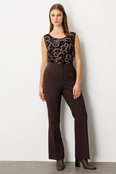 Ekol Women's Plus Size Thick Elastic Waist Flared Pants 1107 Brown