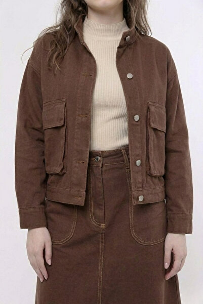 Atölye Güven Women's Brown Tasseled Gabardine Jacket Skirt Two-Piece Set