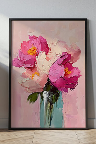 VERONİCA LİNE Palet Bıçağı Tekniği Yağlı Boya Pembe Çiçekler Ahşap Çerçeveli ...