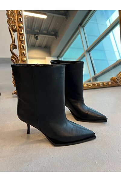 cevaplus Black Leather Pointed Toe Women's Heeled Boots