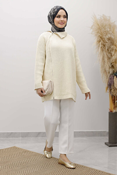 Tesettür Dünyası Zipper Detailed Knitwear Tunic Tsd250254 Beige