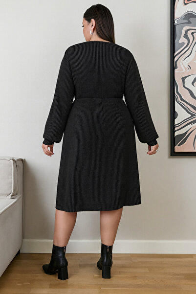 Valeria Butik Women's Black Knitwear Long Sleeve Fit Cut Dress