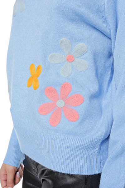 Jolenttine Pulover cu imprimeu floral, amestec de cașmir și lână, albastru deschis