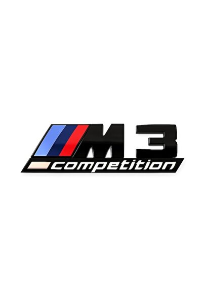 BMW Emblemă M3 Competition – 130x38 mm, Negru lucios cu dungi tricolore, Autoadezivă
