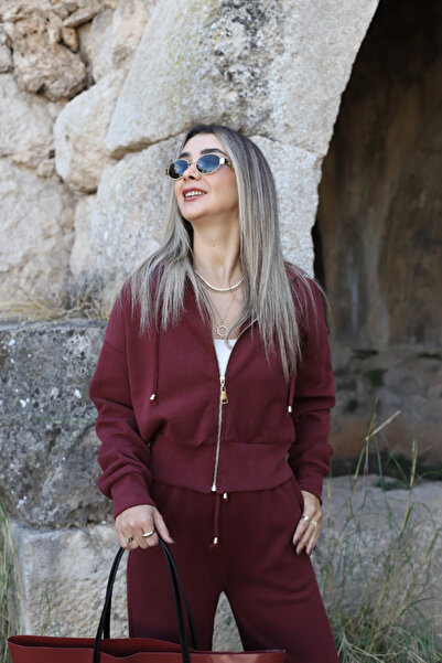 bytugcekaya Burgundy Hooded Knitwear Set