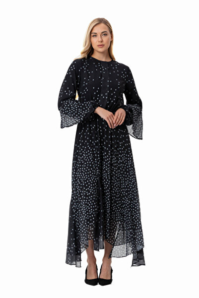 LADYNESS Çiçek Desenli Şifon Uzun Kol Asimetrik Kesim Volan Detaylı Şık Maxi ...