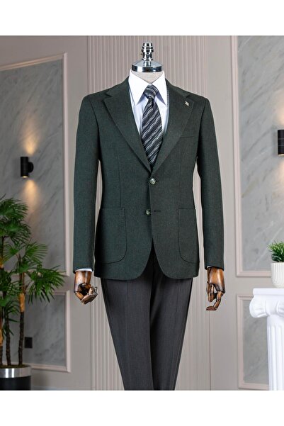 TerziAdemAltun Italian Style S Slim Fit Mono Collar Men's Single Jacket Green T14800