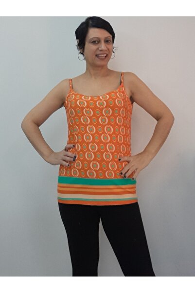 Mertcan Butik Orange Green Patterned Rope Strap Combed Viscose T-Shirt