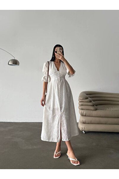 mass fashion Kadın Düğme Detaylı Brode Elbise