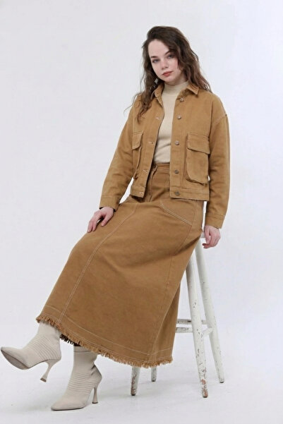 Atölye Güven Women's Green Tasseled Gabardine Jacket Skirt Two-Piece Set