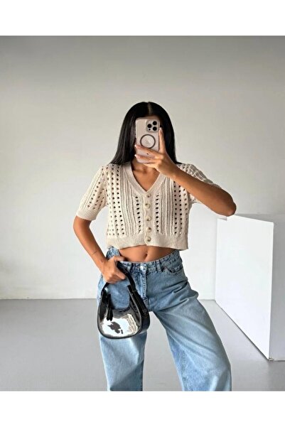 GNY TEXTİLE Lace-Like Knit Pattern Short Sleeve Button Detail 100% Cotton Crop Cardigan