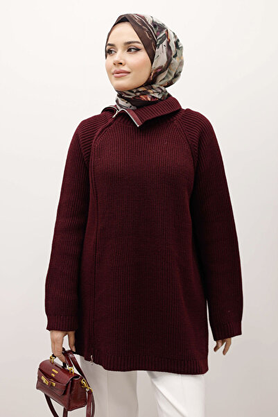Tesettür Dünyası Zipper Detailed Knitwear Tunic Tsd250254 Claret Red