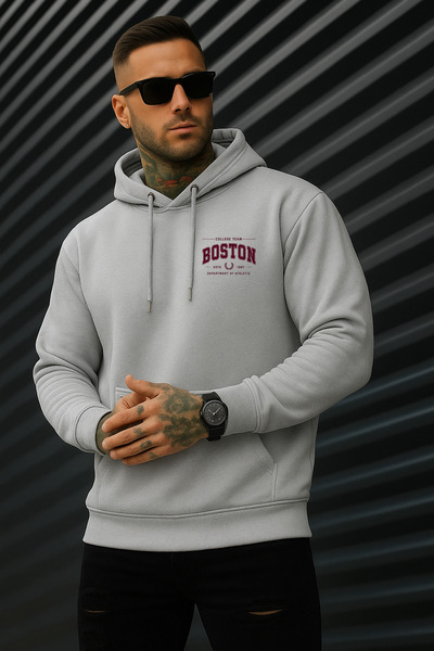 EydaMoon Men's Winter Minimalist Boston Printed Cotton Hooded Kangaroo Pocket Sweatshirt