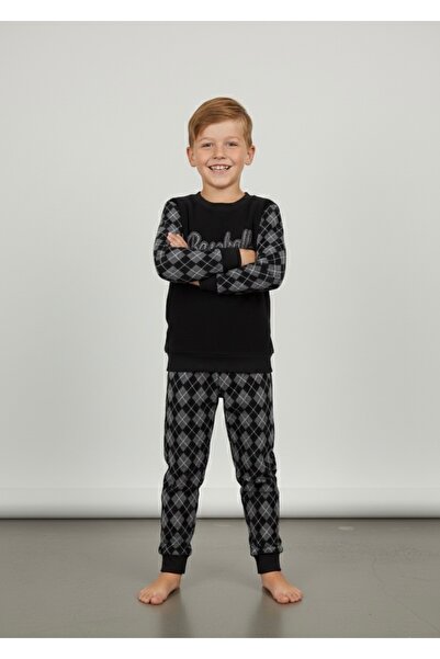 Beka Kids Boy's Diamond Patterned Soft Thick Winter Applique Embroidered Fleece Pajama Set Keeps Warm
