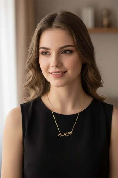 Clariss Çelik Zincir Gold Renk Atatürk İmzası Model Kadın Kolye
