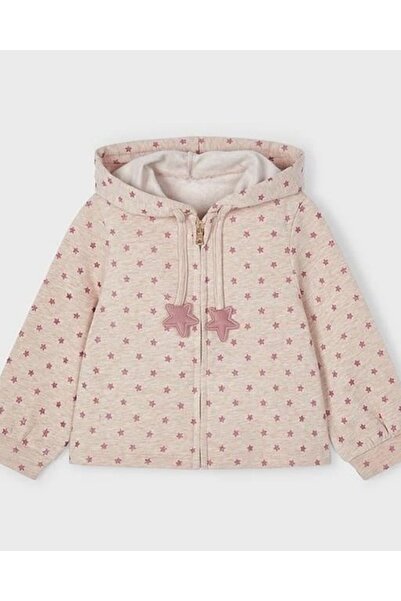 Kyex Girl's Powder Star Patterned Hooded Zippered Soft Inside Sh Fleece-Lined Sweatshirt Cardigan