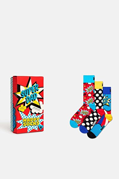 Happy Socks Erkek Çok Renkli Süper Baba Temalı Pamuklu 3’lü Çorap Seti