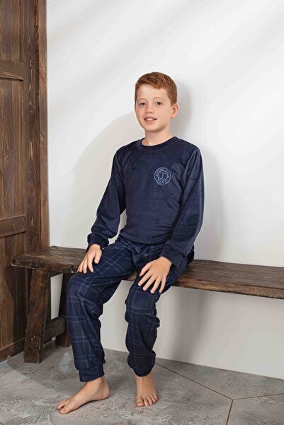 Tarık Men's Navy Blue Plaid and Square Pattern Long Sleeve Father-Son Velvet Fabric Winter Warm Pajama Set